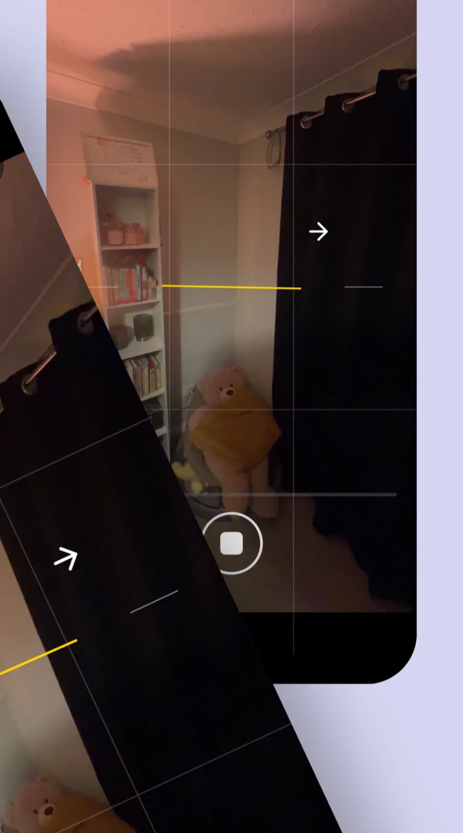 The Capture viewfinder mid-sweep, with the on-screen level and the next-shot target