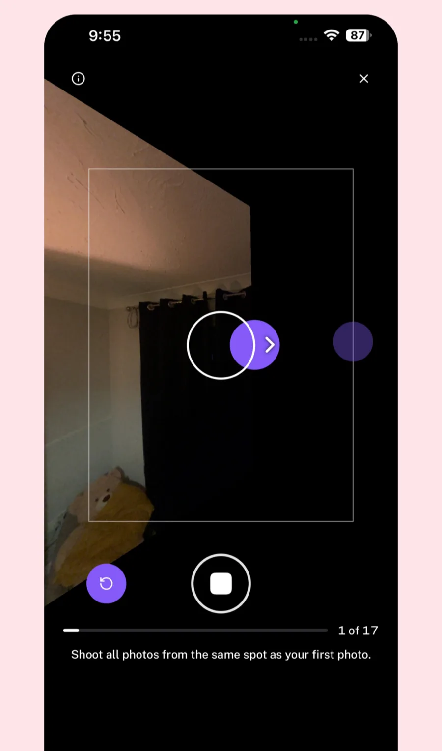 Sweeping a bedroom with Capture; the app shows shot 1 of 17 and asks you to keep the phone in the same spot
