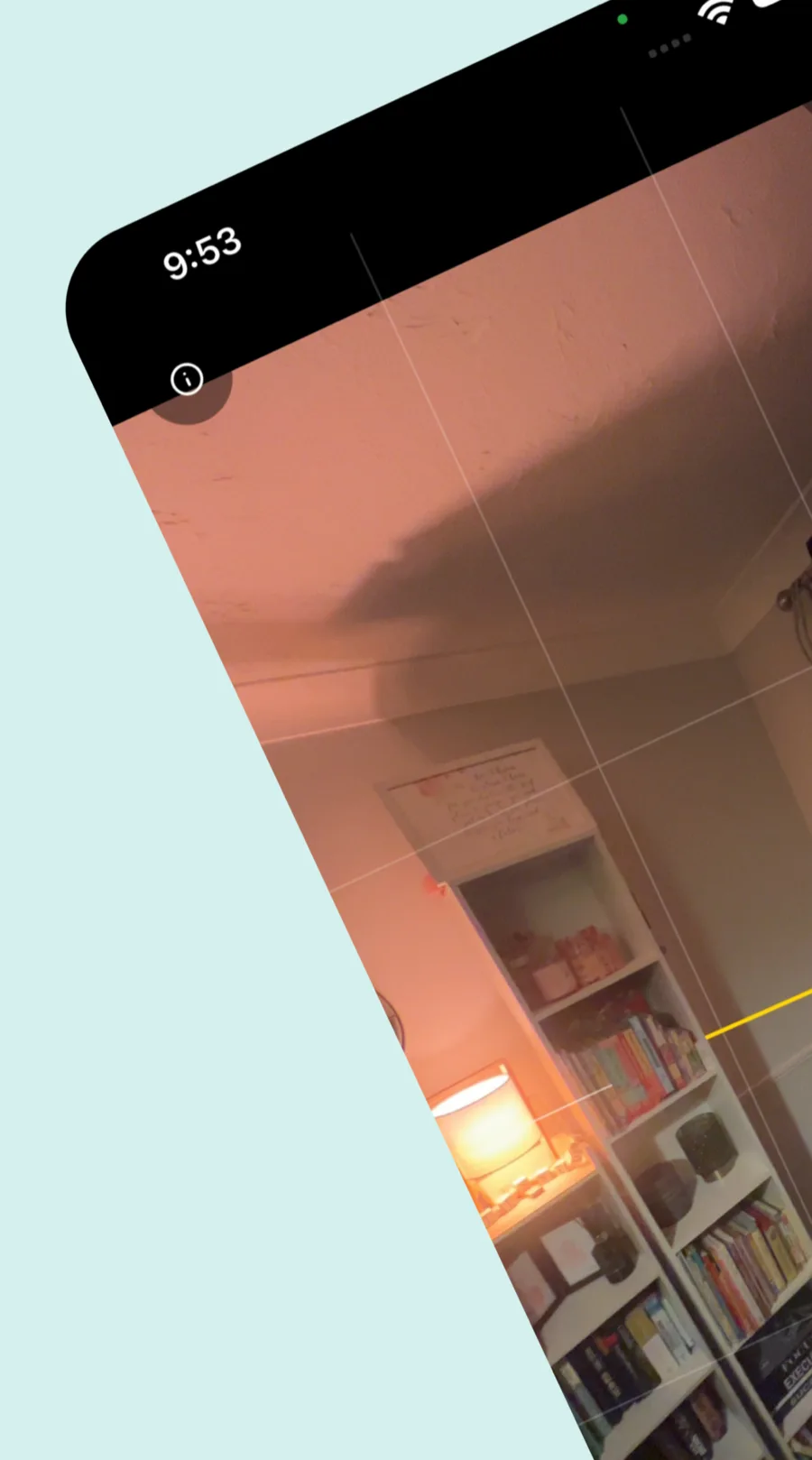 A room being captured in Capture, grid lines and horizon guide over a live camera view