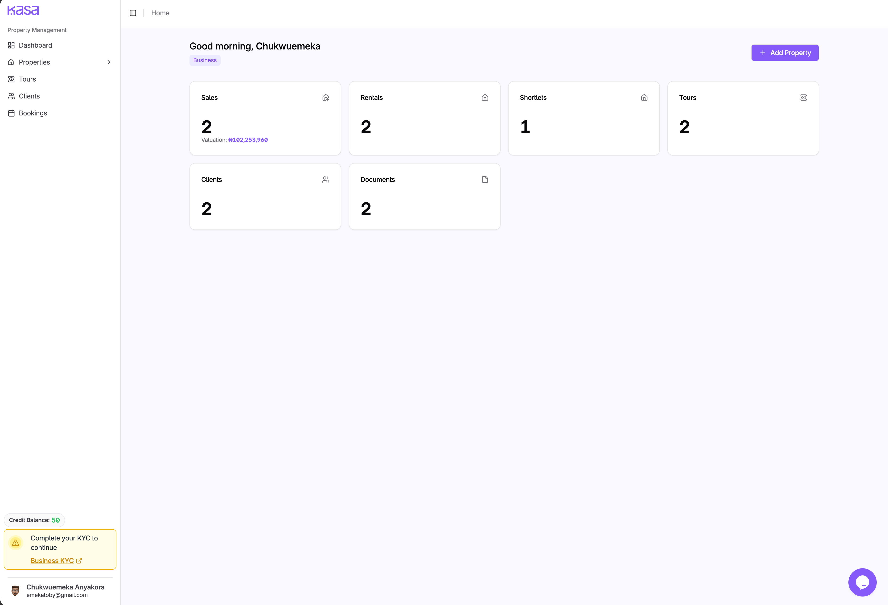 Kasa portal — dashboard view