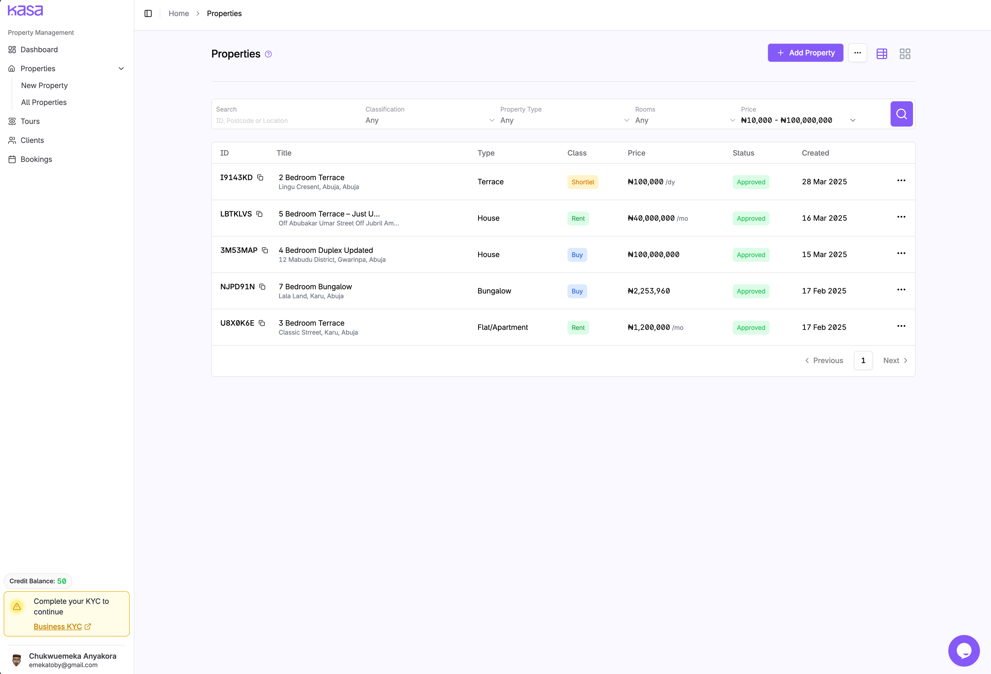 Kasa portal — properties view
